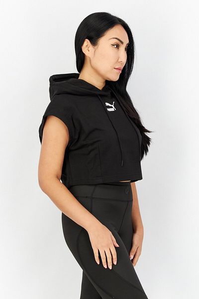 Puma Women Sportswear Fit Hooded Cap Sleeve Cropped Sweatshirt, Black