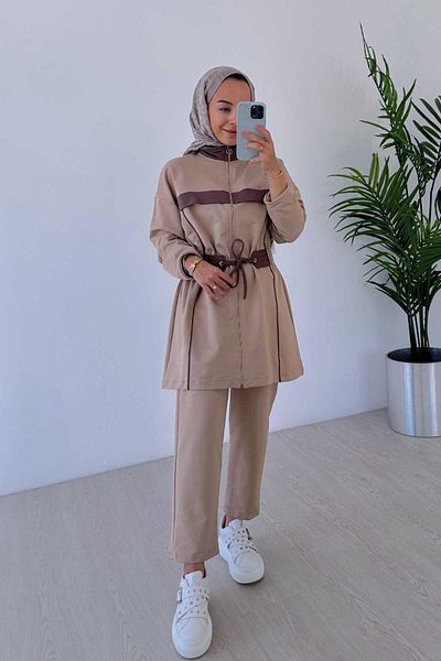 Ka Hijab Camel Striped Set - Elastic Waist, Two Thread
