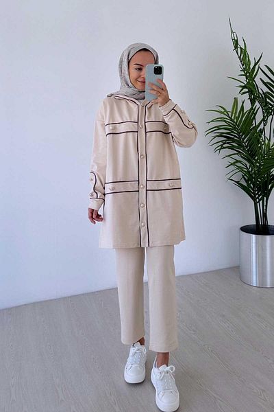Ka Hijab Beige Piping Hijab Set of 2 - Button Detail, Two Thread