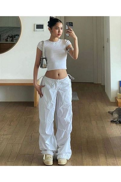 Gofeel White Tactical Baggy Loose Fit Oversize Elastic Waist Trousers