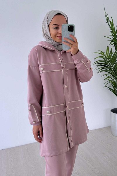 Ka Hijab Ροζ χιτζάμπ σετ 2 τεμαχίων - Λεπτομέρεια κουμπιού σωληνώσεων, δύο κλωστές