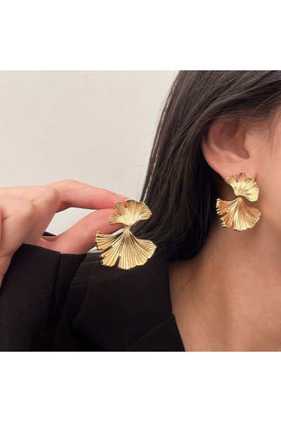 zeynep Z&D Accessory 316L Gold Steel Retro Leaf Model Earrings