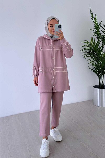 Ka Hijab Ροζ χιτζάμπ σετ 2 τεμαχίων - Λεπτομέρεια κουμπιού σωληνώσεων, δύο κλωστές