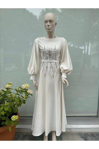 Kayra Satin Stone Embroidered Evening Dress