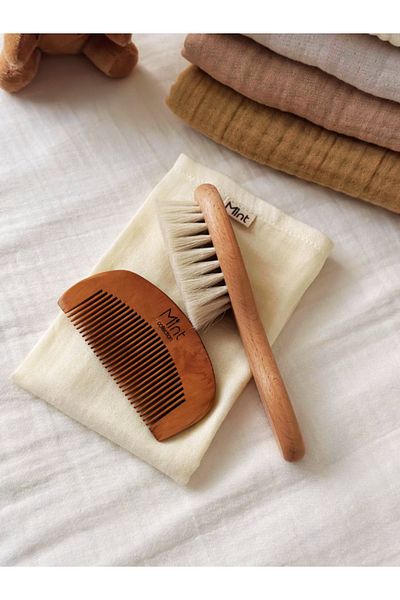 MİNT COLLECTİON Goat Hair Baby Hair Brush and Comb Set Mint Collection