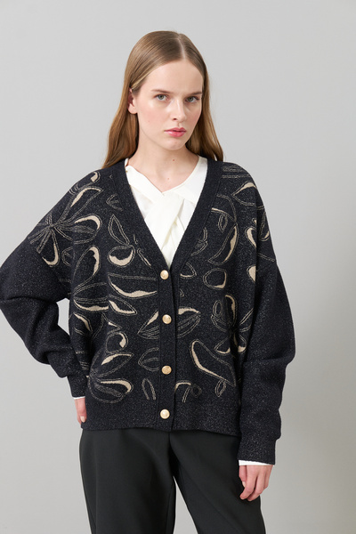 Roman Gold Düğmeli V Yaka Triko Siyah-Gold K2571018_155