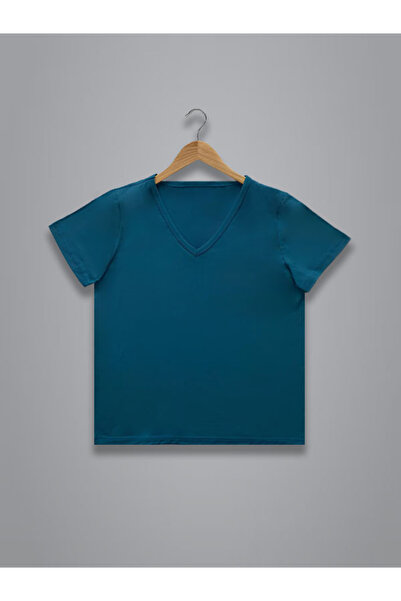 Butik Petrol Mavisi Kadın V Yaka Regular T-shirt