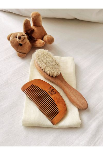 MİNT COLLECTİON Goat Hair Baby Hair Brush and Comb Set Mint Collection