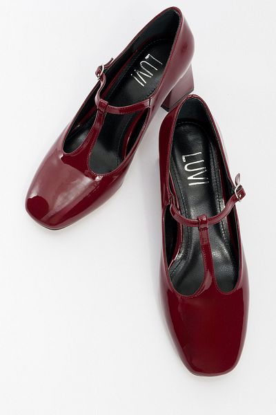 LuviShoes Jelsi Claret Red Patent Leather Women's Thick Heeled Shoes