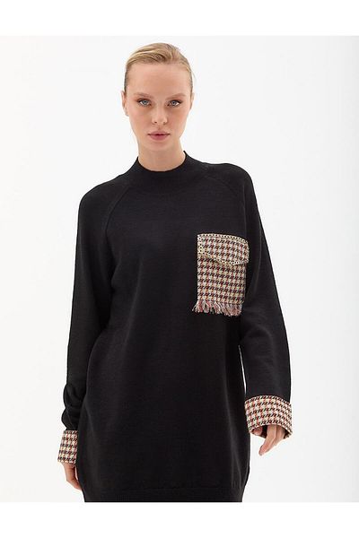 Kayra Half Turtleneck Houndstooth Garnished Knitwear Tunic Black