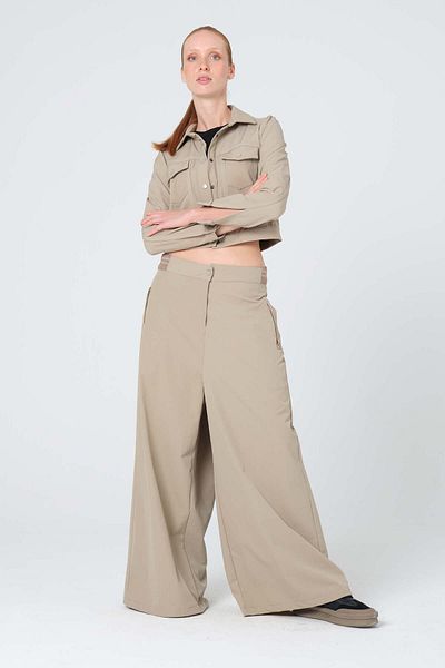 Monolou Stretch Fabric Front Pocket Snap Button Short Jogger Jacket Beige