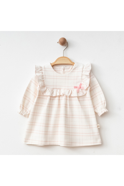 Genel Markalar Organik Kız Bebek Ekose Baskılı Fiyonk Detaylı Elbise %100 Pamuk