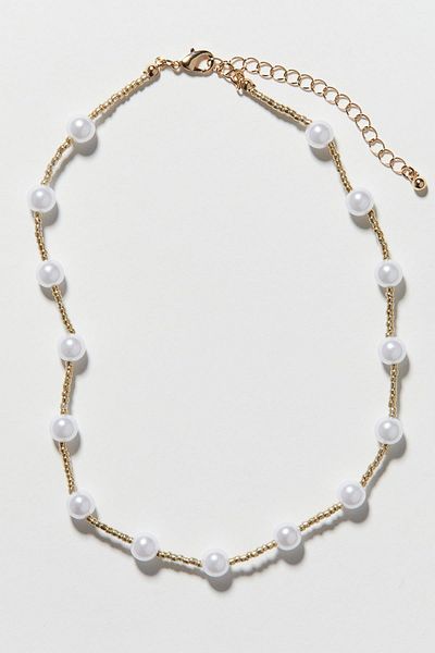 New Obsessions Gold Color Sand Bead Spaced Short Bead Necklace with Pearls