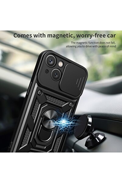 Fibaks iPhone 14 Plus / 15 Plus Compatible Case Camera Protected Sliding Ring Armor Military Protective Tank