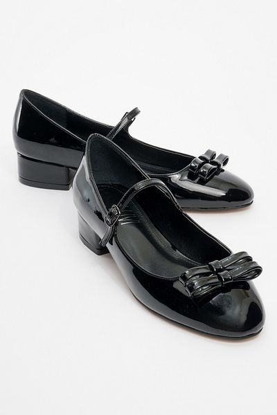 LuviShoes Stela Black Patent Leather Bow Women's Heeled Ballerina Shoes