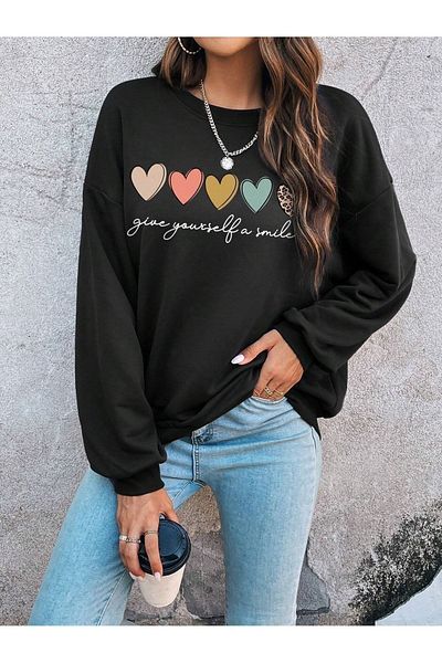 Pink Sky Set of 5 Heart Printed Crew Neck Unisex Black Oversize Sweatshirts