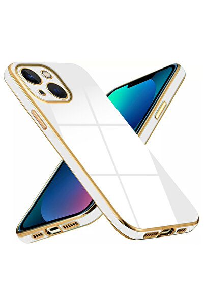 Fibaks Apple Iphone 13 Uyumlu Kılıf Parlak Kenarlı Altın Işlemeli Kamera Korumalı Kapak