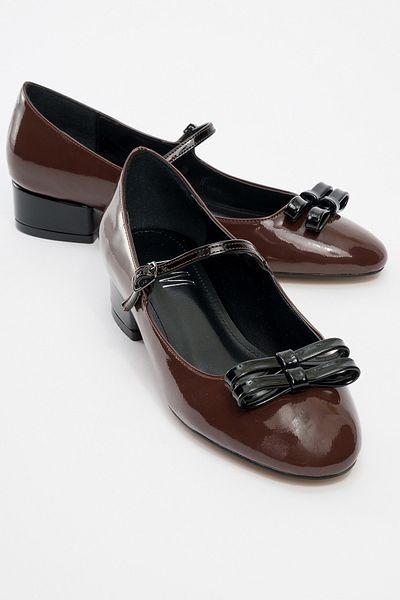 LuviShoes Stela Brown-Black Patent Leather Bow Women's Heeled Ballerina Shoes