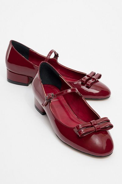 LuviShoes Stela Claret Red Patent Leather Bow Women's Heeled Ballerina Shoes