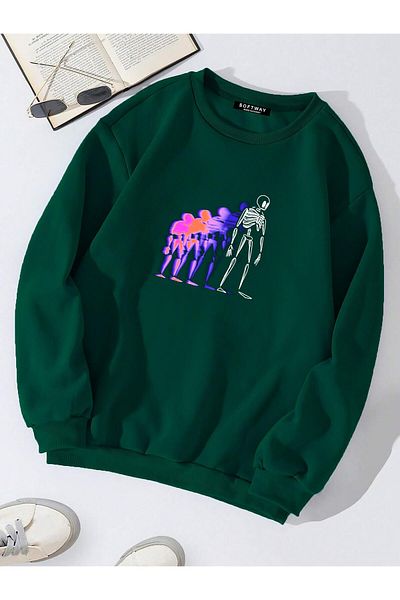SOFTWAY Φούτερ Unisex Oversize Skeleton Printed - Crew Neck, Σκούρο Πράσινο
