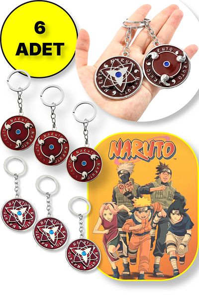 TOYFEST سلسلة مفاتيح معدنية على شكل شخصية ناروتو - 3 قطع على شكل نجمة + 3 قطع على شكل موبايل، عبوة من 6 قطع