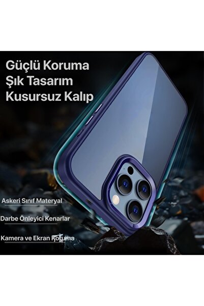 Fibaks İphone 15 Pro Max Uyumlu Kılıf Kamera Çıkıntılı Kenarı Renkli Arkası Şeffaf Hassas Butonlu Kapak