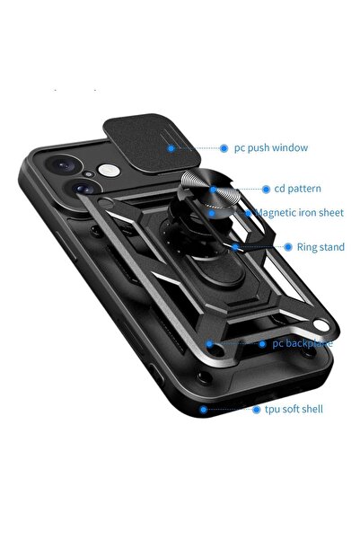 Fibaks Apple iPhone 16 Compatible Case Camera Protection Sliding Ring Armor Military Tank Protective Cover