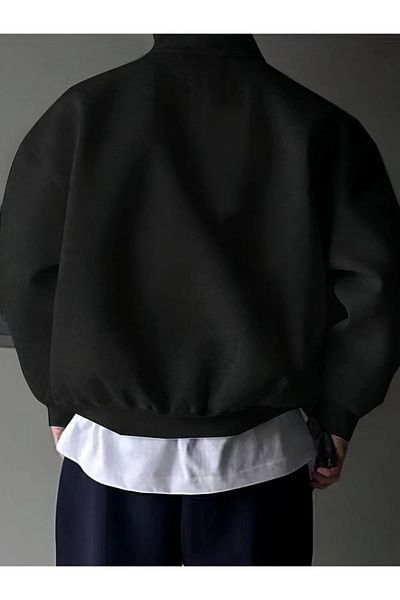 AEMİ Hanorac oversize negru unisex cu imprimeu Ataturk Signature - cu jumătate de fermoar