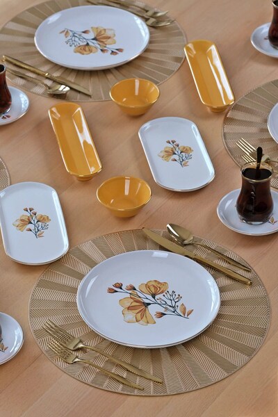 Glore Asya Lizy Hardal Altın Yaldızlı 32 Parça 6 Kişilik Seramik Kahvaltı Takımı