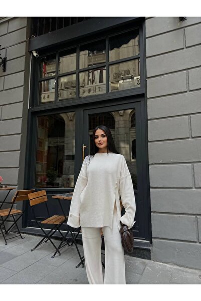 Friday Mood Női háromgombos hasított részletes pulóver és nadrág kötöttáru szett