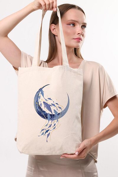Çınar Bez Çanta Canvas Blue Moon and Fishes Printed Cloth Bag