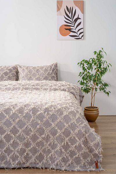 Rivaİstanbul Ferly Tasseled Gray Double Jacquard Deluxe Sleeping Set 3 Piece Bedspread Set