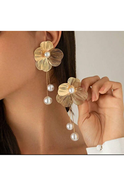 AychaAksesuar İthal Çelik kararmaz sarkıt incili büyük çiçek Küpe