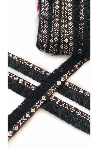 Ozpas 3 Cm Wide Black Ethnic Strip with Tassels - 3 Meters