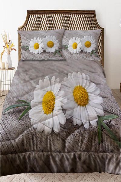 3D ELSE HALI Yellow Gray Daisies Patterned Double Quilted Quilt with Pillowcase