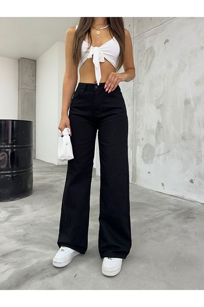 BİKELİFE Schwarze Palazzo-Jeans mit hoher Taille für Damen