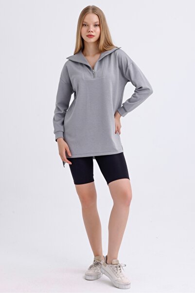 MD trend Women's Zippered Collar Slit Detail Long Back Oversize Modal Sweatshirt