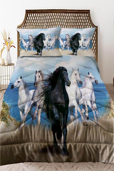 3D ELSE HALI Running Horses Patterned Double Quilted Quilt with Pillowcase