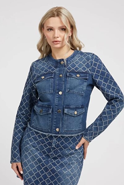 Guess Kadın Taşlı Denim Mavi Ceket
