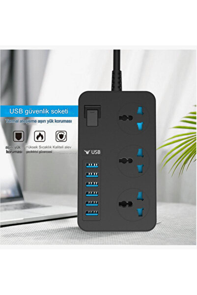 qasul 3000W Güç Şeridi Dalgalanma Koruyucusu 3 AC Çıkışları ve 6 USB Şarj Portu  Akım Korumalı Grup Priz