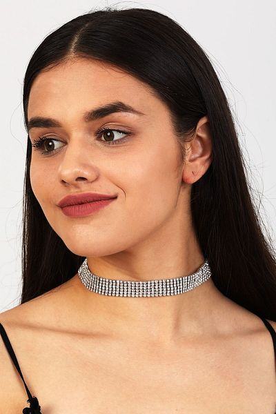 Furtek Aksesuar Women's 6 Row Model Zircon Stone Silver Diamond Wedding Engagement Bridal Evening Dress Leash Choker Necklace Choker