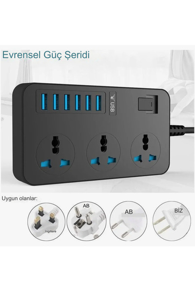 qasul 3000W Güç Şeridi Dalgalanma Koruyucusu 3 AC Çıkışları ve 6 USB Şarj Portu  Akım Korumalı Grup Priz