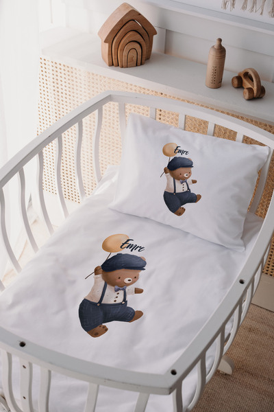 Lilabio %100 Pamuk Saten Isme Özel Isimli Anne Yanı Beşik Nevresim Takımı Ayıcık