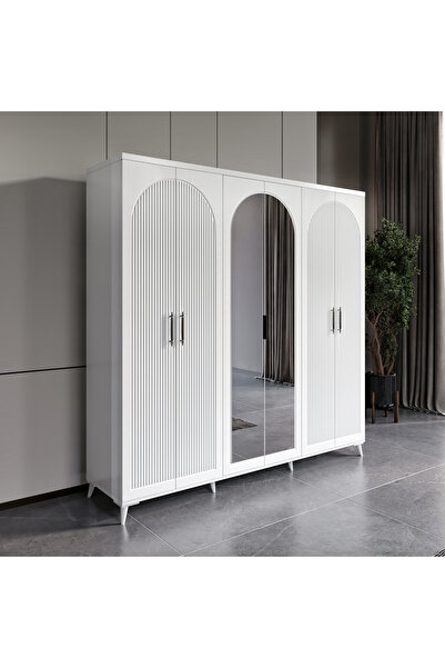 GuneyStore OSLO 6 Kapaklı Aynalı Komple MDF Beyaz Gardırop - Ücretsiz Montaj