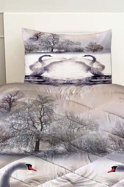 Else Dekor White Swans Patterned Double Quilted Quilt Pillow with Cover
