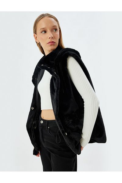 Koton Hooded Snap Button Faux Fur Vest