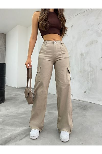 BİKELİFE Beigefarbene Cargo-Hose aus Lycra mit hoher Taille und weitem Bein