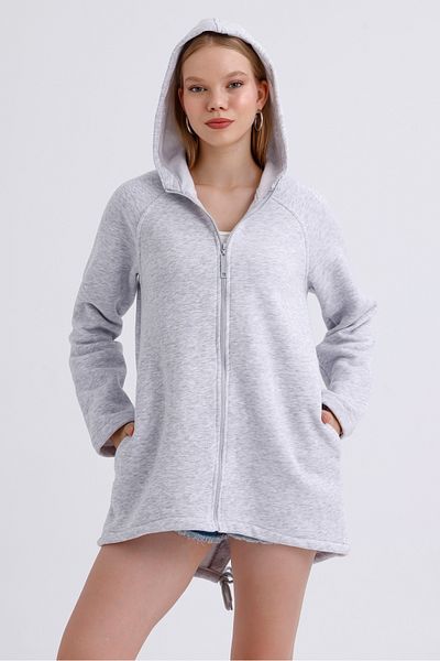 MD trend Women's Hooded Zipper Closure Asymmetrical Fleece Inside Three Thread Oversize Sweatshirt