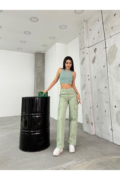 BİKELİFE Aquagrüne Cargohose mit hoher Taille und weitem Bein für Damen