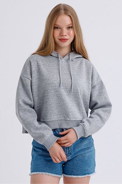 MD trend Hanorac crop de bază cu glugă, cu fante, cu fleece în interior